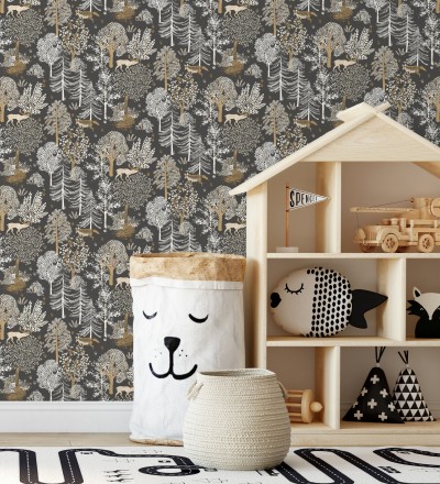 Papel pintado de árboles con ciervos y zorros Keyan Forest 128694
