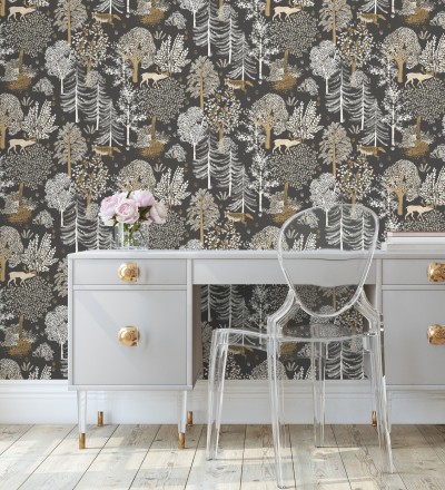 Papel pintado de árboles con ciervos y zorros Keyan Forest 128694