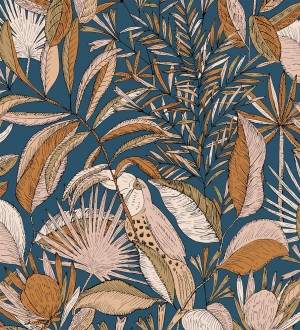 Papel pintado de hojas y tucanes fondo azul Nueva Guinea 128723
