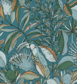 Papel pintado de hojas y tucanes fondo turquesa Nueva Guinea 128724
