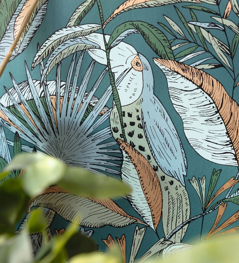 Papel pintado de hojas y tucanes fondo turquesa Nueva Guinea 128724