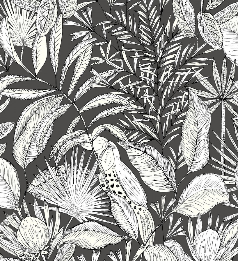 Papel pintado de hojas y tucanes fondo negro Nueva Guinea 128726