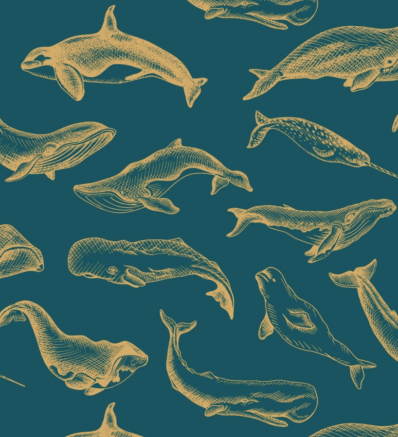 Papel pintado de ballenas y narvales color dorado Whale Sanctuary 128762