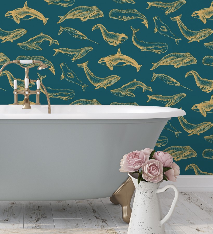 Papel pintado de ballenas y narvales color dorado Whale Sanctuary 128762