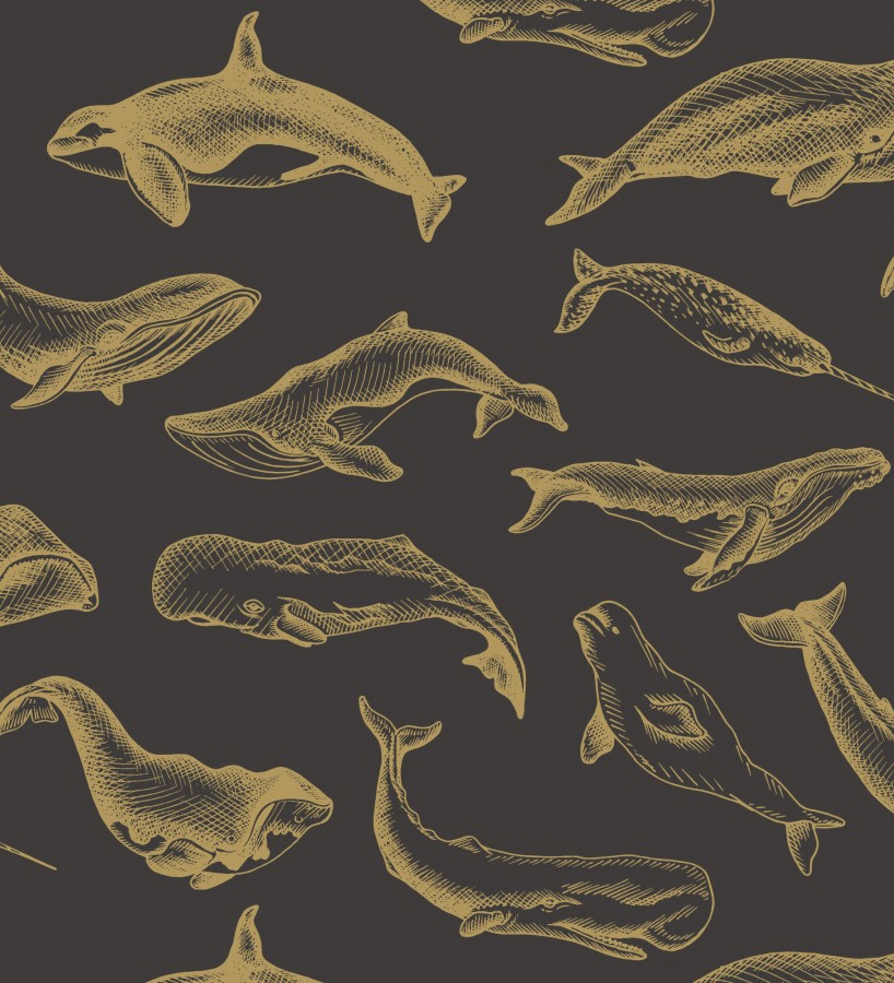 Papel pintado de ballenas y narvales color dorado Whale Sanctuary 128764