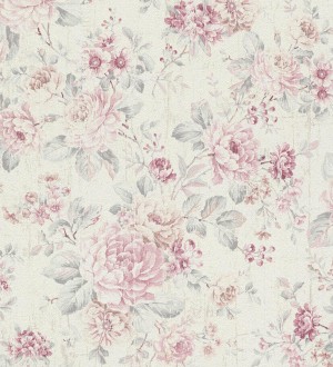 Papel pintado de flores rosas y grises fondo beige claro Elora Flowers 128814