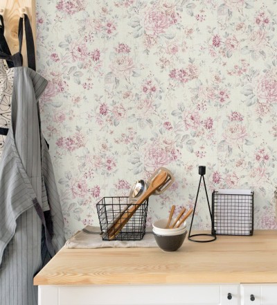 Papel pintado de flores rosas y grises fondo beige claro Elora Flowers 128814