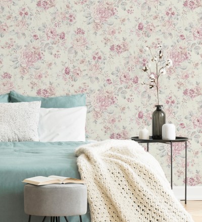 Papel pintado de flores rosas y grises fondo beige claro Elora Flowers 128814