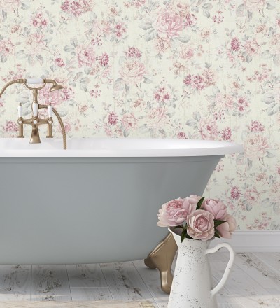 Papel pintado de flores rosas y grises fondo beige claro Elora Flowers 128814