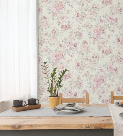 Papel pintado de flores rosas y grises fondo beige claro Elora Flowers 128814