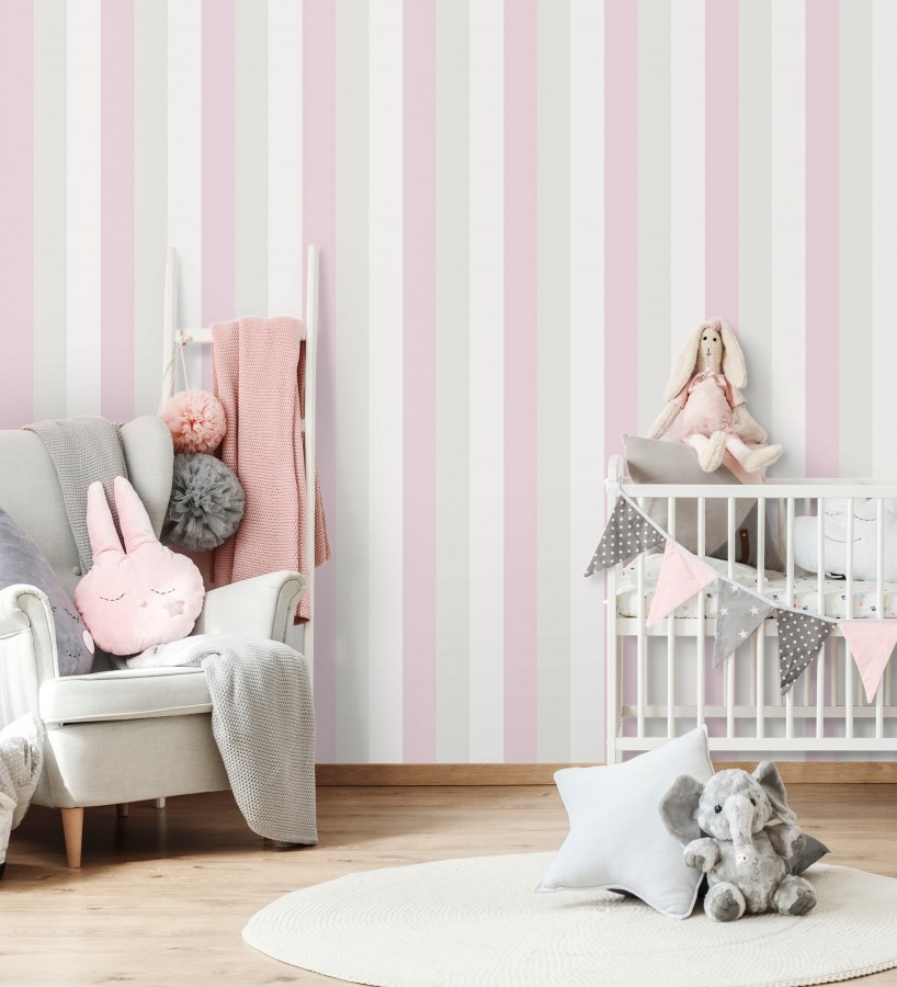 Papel pintado infantil de rayas rosa gris claro y blanco Elif Stripe 128826