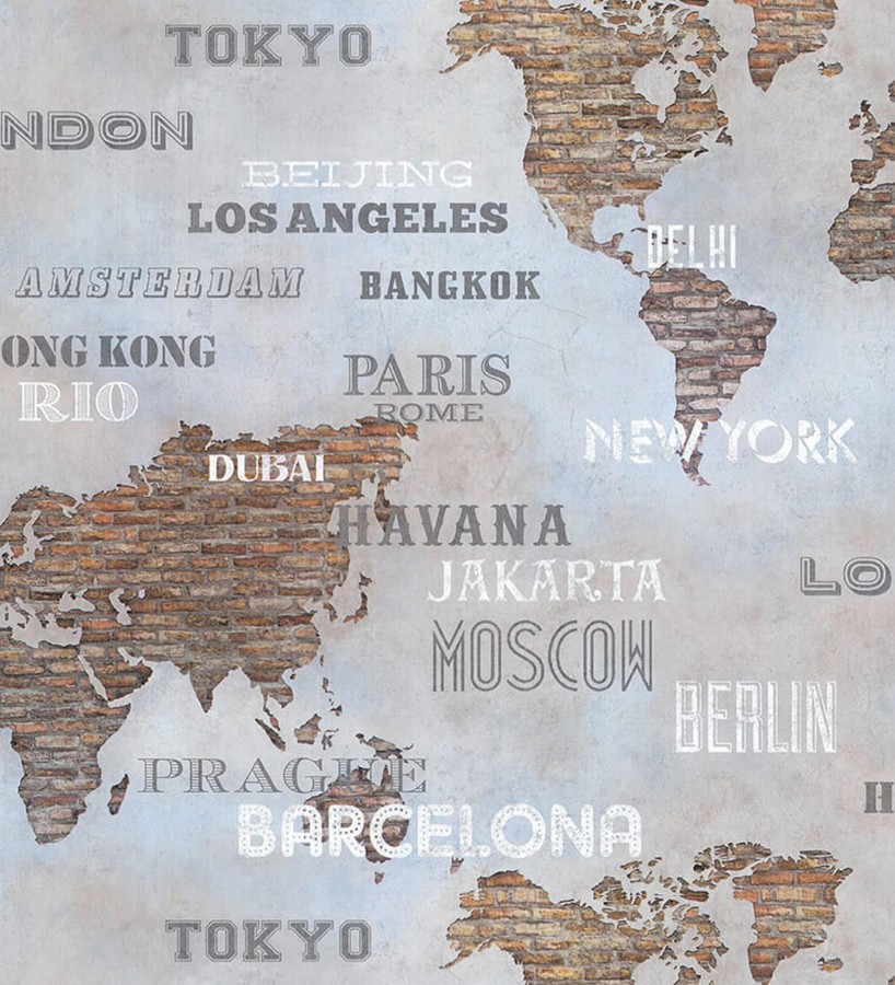 Papel pintado mapa de capitales del mundo sobre pared de ladrillos estilo industrial Marvin 128835