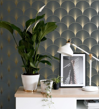 Papel pintado Art déco con destellos dorados fondo negro Arleth 681768