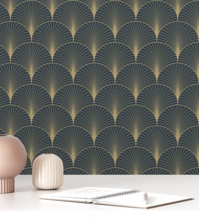Papel pintado Art déco con destellos dorados fondo negro Arleth 681768