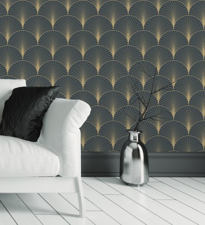 Papel pintado Art déco con destellos dorados fondo negro Arleth 681768