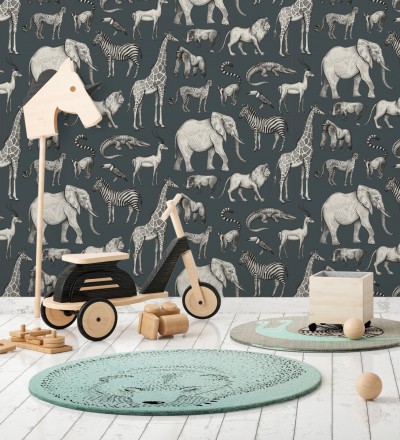 Papel pintado estilo africano de animales: leones, cebras, elefantes y gorilas estilo africano Keita Animals 681778