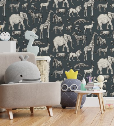 Papel pintado estilo africano de animales: leones, cebras, elefantes y gorilas estilo africano Keita Animals 681778