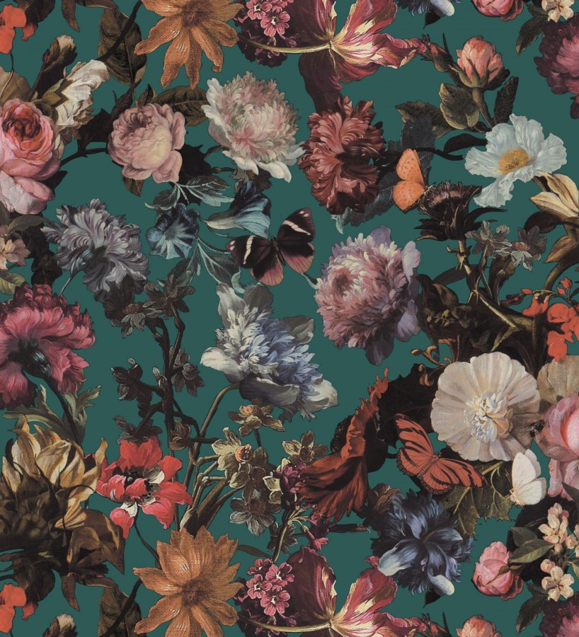 Papel pintado artístico de flores fondo turquesa estilo renacentista Oberyn Flowers 681790