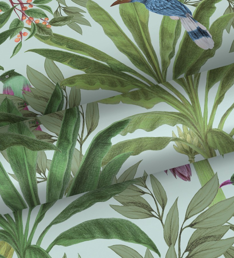 Papel pintado de aves exóticas y hojas de palma estilo tropical Suky Tropical 681792