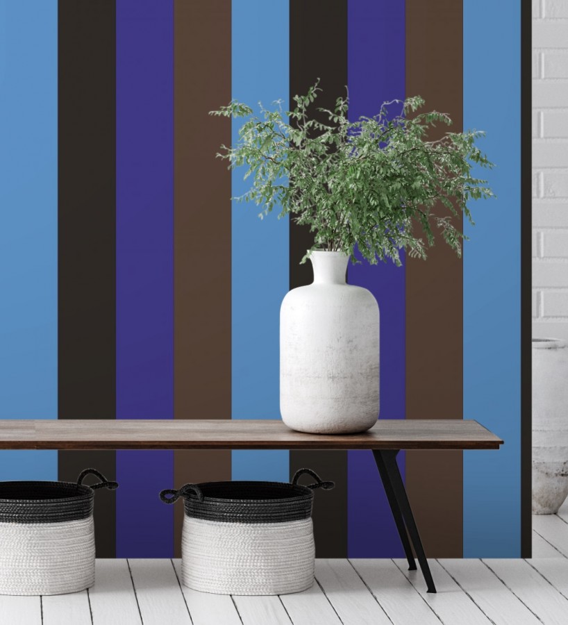 Papel pintado de rayas color azul negro azul y marrón Hugo Stripes 681805
