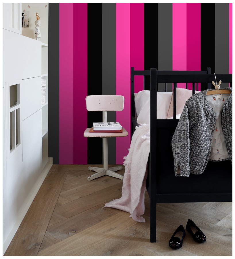Papel pintado de rayas color rosa fucsia negro y gris Hugo Stripes 681807