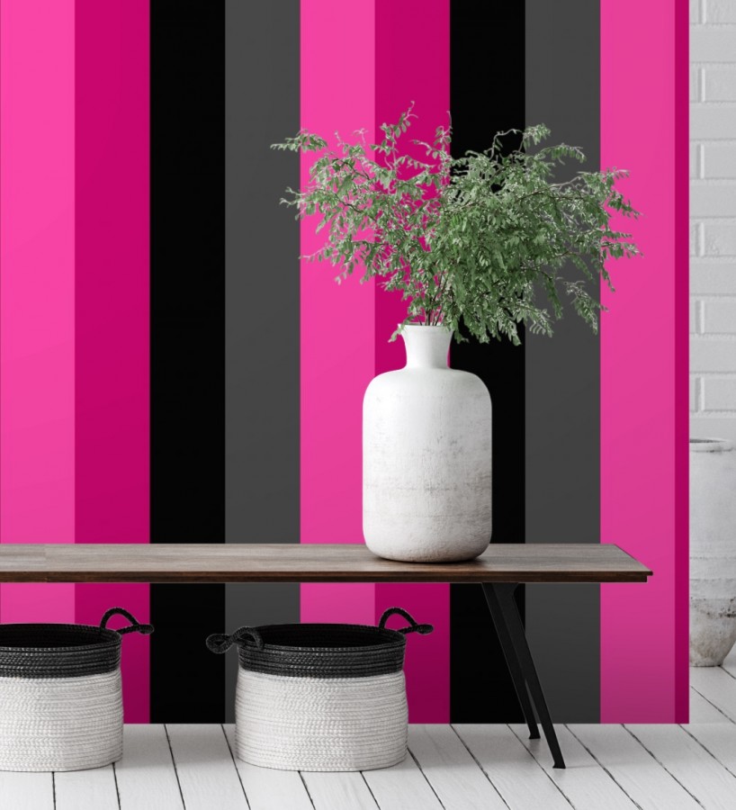 Papel pintado de rayas color rosa fucsia negro y gris Hugo Stripes 681807