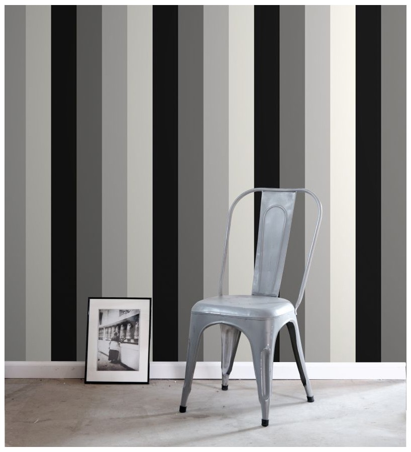 Papel pintado de rayas color gris claro blanco negro y gris oscuro Hugo Stripes 681808