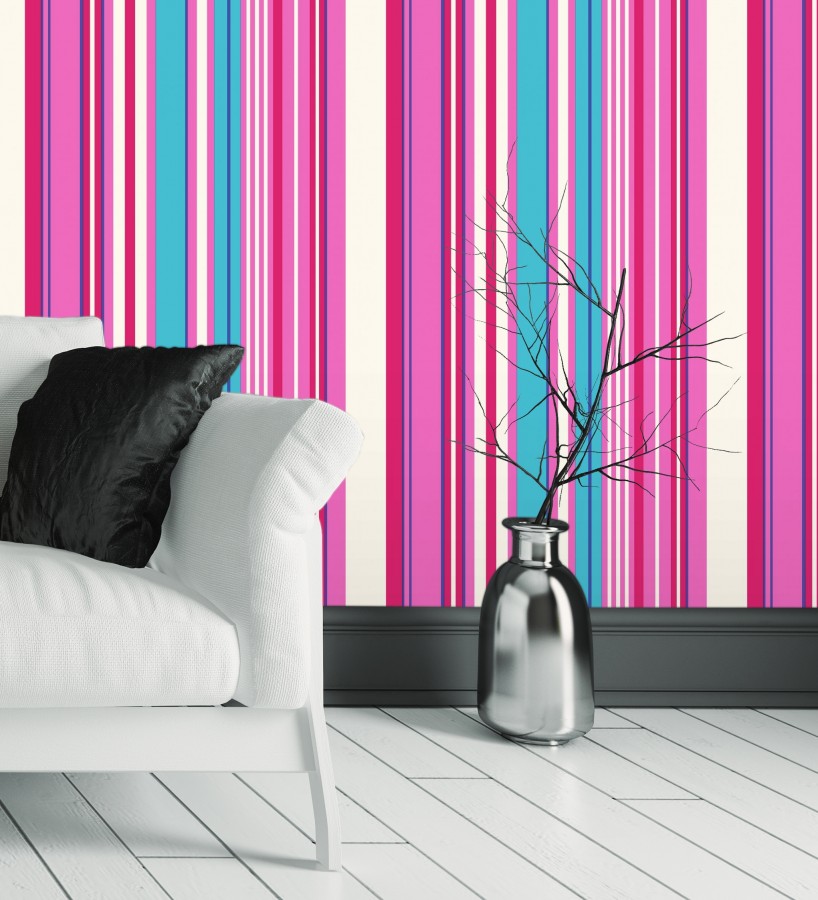 Papel pintado multirayas irregulares en tonos rosa y azul Sully Stripes 681809