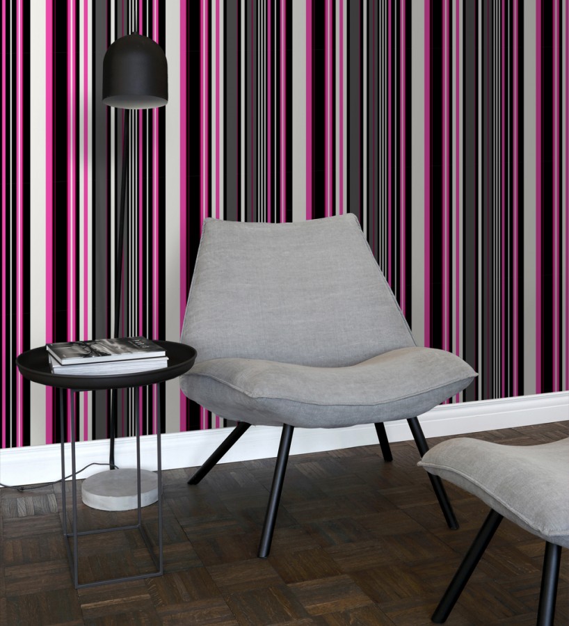 Papel pintado multirayas irregulares en tonos rosa y negro Sully Stripes 681810