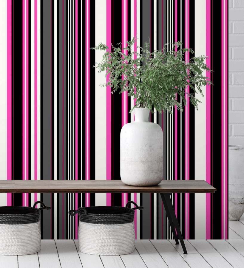 Papel pintado multirayas irregulares en tonos rosa y negro Sully Stripes 681810