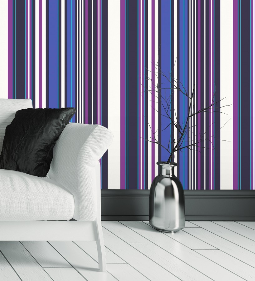 Papel pintado multirayas irregulares en tonos morados y violeta Sully Stripes 681811