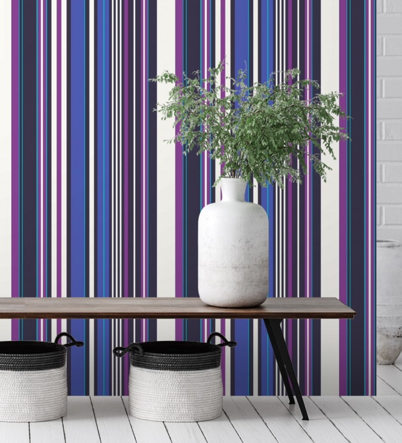 Papel pintado multirayas irregulares en tonos morados y violeta Sully Stripes 681811