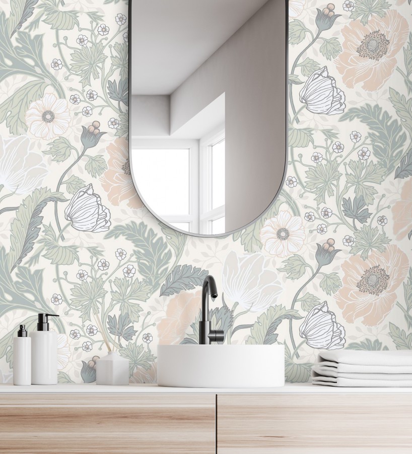 Papel Pintado Pared Beige Motivo Floral - Hojas, Plantas, Arbustos - Para  Dormitorio, Salón y Cocina - Colección Felicita de Novamur - 10,05m x 0,53m