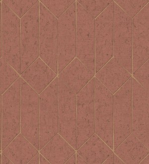 Papel pintado geométrico de líneas doradas fondo rojo terracota estilo Art déco Ameka Metric 681820