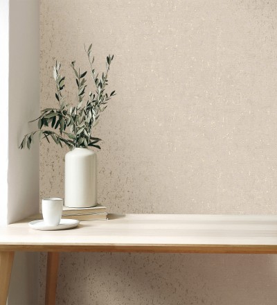 Papel pintado textura de corcho con inserciones doradas color beige Ameka 681824