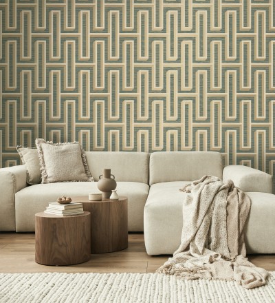 Papel pintado diseño de laberinto y fibras de cáñamo fondo verde con textura Sisay Metric 681840
