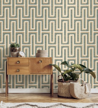 Papel pintado diseño de laberinto y fibras de cáñamo fondo verde con textura Sisay Metric 681840