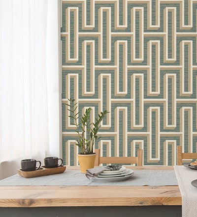Papel pintado diseño de laberinto y fibras de cáñamo fondo verde con textura Sisay Metric 681840