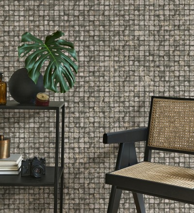 Papel pintado mosaicos de madera natural teñido en color pardo Baako 681872