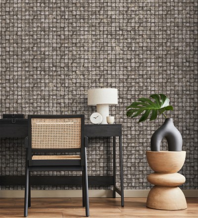 Papel pintado mosaicos de madera natural teñido en color pardo Baako 681872