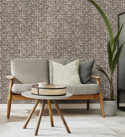 Papel pintado mosaicos de madera natural teñido en color pardo Baako 681872
