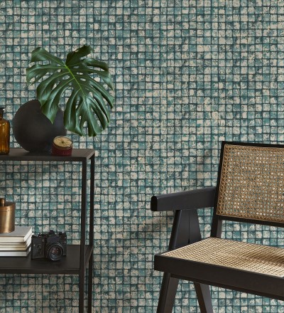 Papel pintado mosaicos de madera natural teñido en turquesa Baako 681874