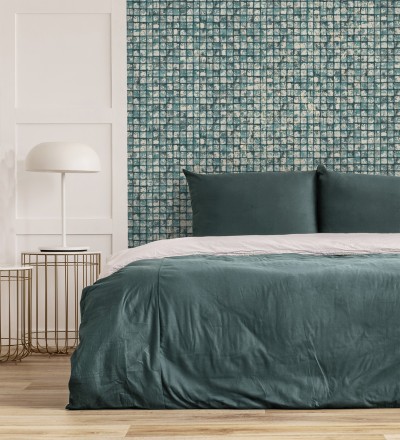 Papel pintado mosaicos de madera natural teñido en turquesa Baako 681874