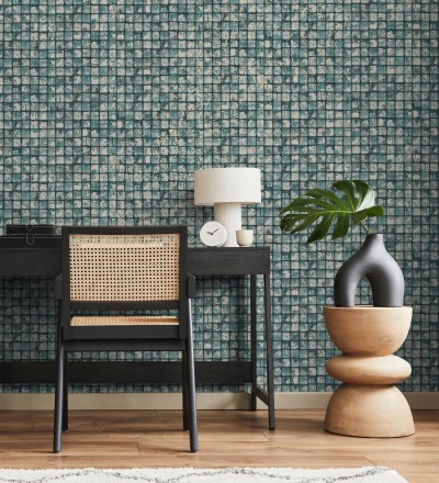 Papel pintado mosaicos de madera natural teñido en turquesa Baako 681874