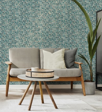 Papel pintado mosaicos de madera natural teñido en turquesa Baako 681874