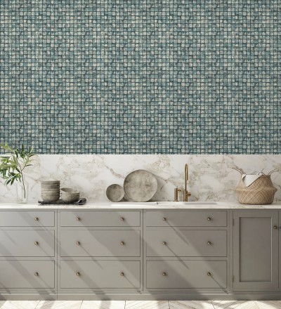 Papel pintado mosaicos de madera natural teñido en turquesa Baako 681874