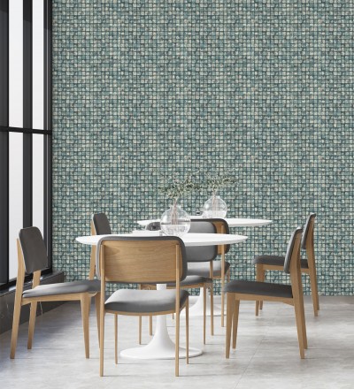 Papel pintado mosaicos de madera natural teñido en turquesa Baako 681874