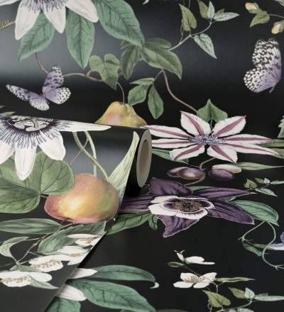 Papel pintado de flores y frutos fondo nácar negro Amber Flowers 681967