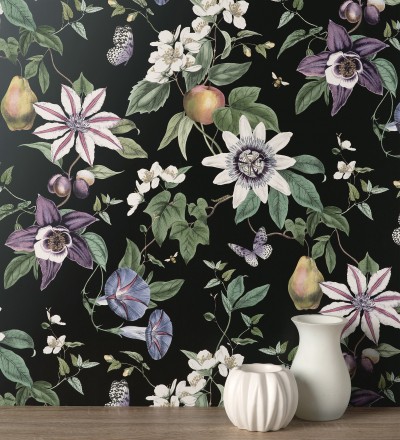 Papel pintado de flores y frutos fondo nácar negro Amber Flowers 681967