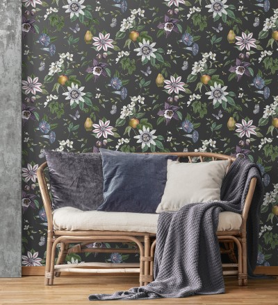 Papel pintado de flores y frutos fondo nácar negro Amber Flowers 681967